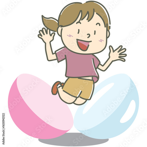 ピンクのカプセルから勢いよく飛び出す女の子