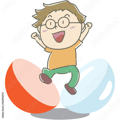 オレンジのカプセルから勢いよく飛び出すメガネの男の子