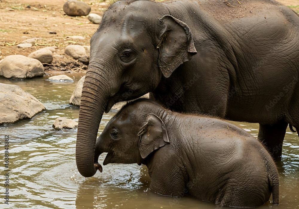 Fototapeta premium Two Asian Elephants in a River, Close-up. Generative Ai