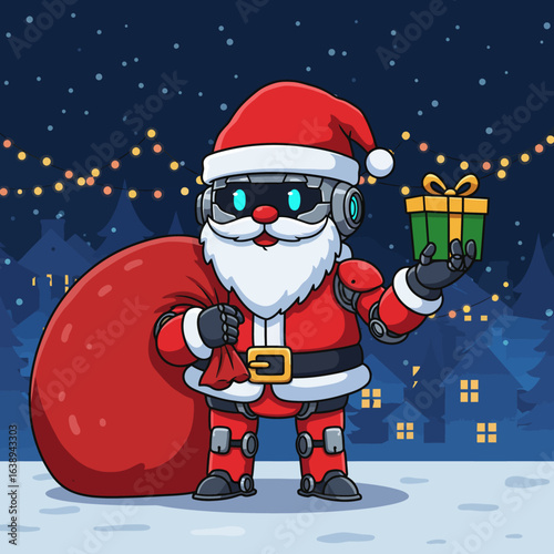 Futuristic robot Santa Claus character holding a gift and sack, delivering presents on a snowy Christmas Eve.