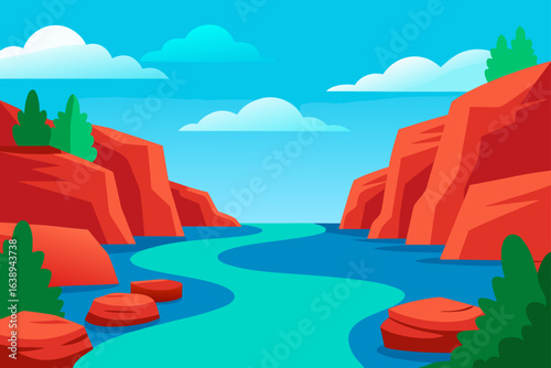 Illustration of river between canyon cliffs