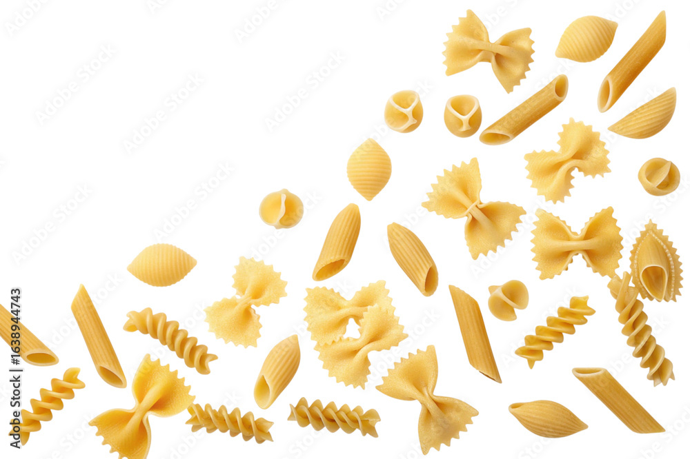 Fototapeta premium Assortment of italian pasta shapes isolated on transparent background