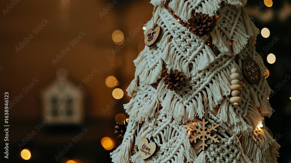 Decorative Christmas tree made from white rope macrame with brown wooden ornaments. Handcrafted holiday decoration featuring intricate knotted fiber art design