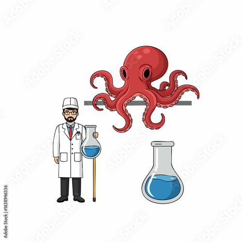 Vector Art of Scientist with Octopus and Laboratory Flask for Education, Creativity, Science Blogs, STEM Awareness, Aquatic Research and Science Projects  