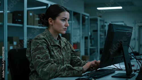 Female soldier working on computer in military command center during night shift operations. Woman officer analyzing data technology equipment in defense facility