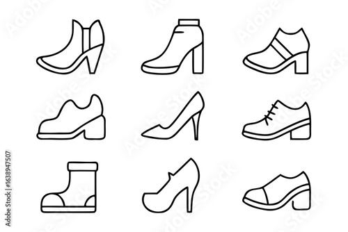 Collection of nine different shoe styles outlined on a transparent background isolated on transparent background