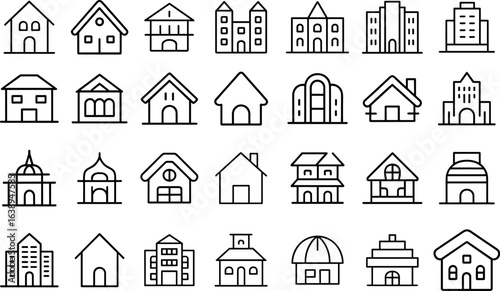 building, house, linear icon set estate, residential, property, real, signs and more vector illustration