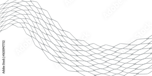 Fishing net with floats, curved by a wave. Graphic line art hand drawn on the theme of sea and fishing in black and white ink. Separate element isolated from the background EPS vector
