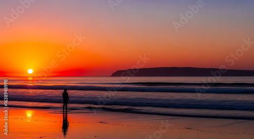 A lone person watches a vibrant orange sunset over the ocean from the wet, sandy shore.