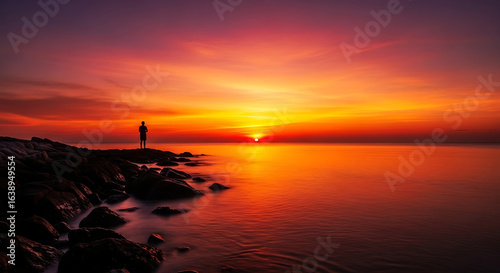 A lone figure stands on a rocky coast watching a vibrant sunset over the calm ocean.