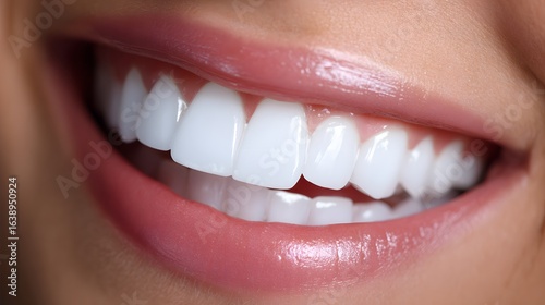 Close-up of a natural smile with perfect white teeth, highlighting dental health and confidence.