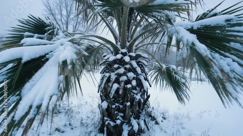 Snow-covered palm tree standing resiliently in a winter landscape, surrounded by a tranquil snowy scene