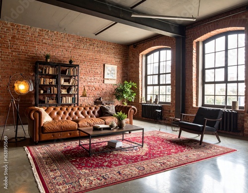 Industrial Loft Living Room with Chesterfield Sofa and Red Persian Rug