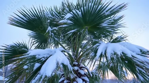 Snow-covered palm tree standing in a winter landscape with a soft pastel sky at dawn