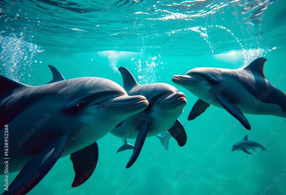 Fototapeta premium Playful dolphins swimming near camera, sunlight filters through water, sunbeam, water