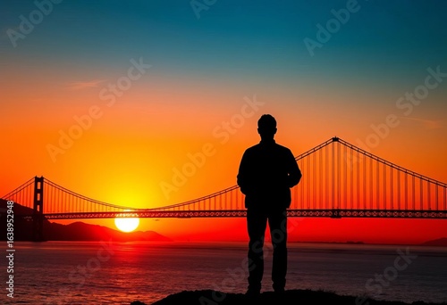 Fototapeta Naklejka Na Ścianę i Meble -  Silhouette against vibrant orange sunset over San Francisco Bay , silhouette, graphic