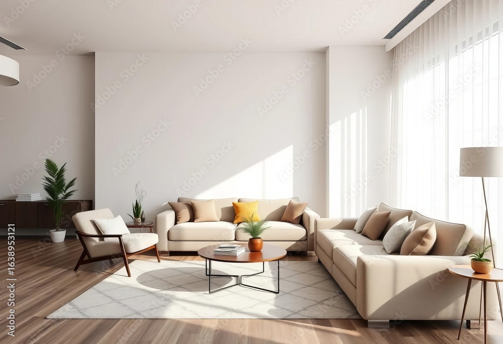 Fototapeta premium Sleek modern living room, plush sofa & armchair, natural light, home, space