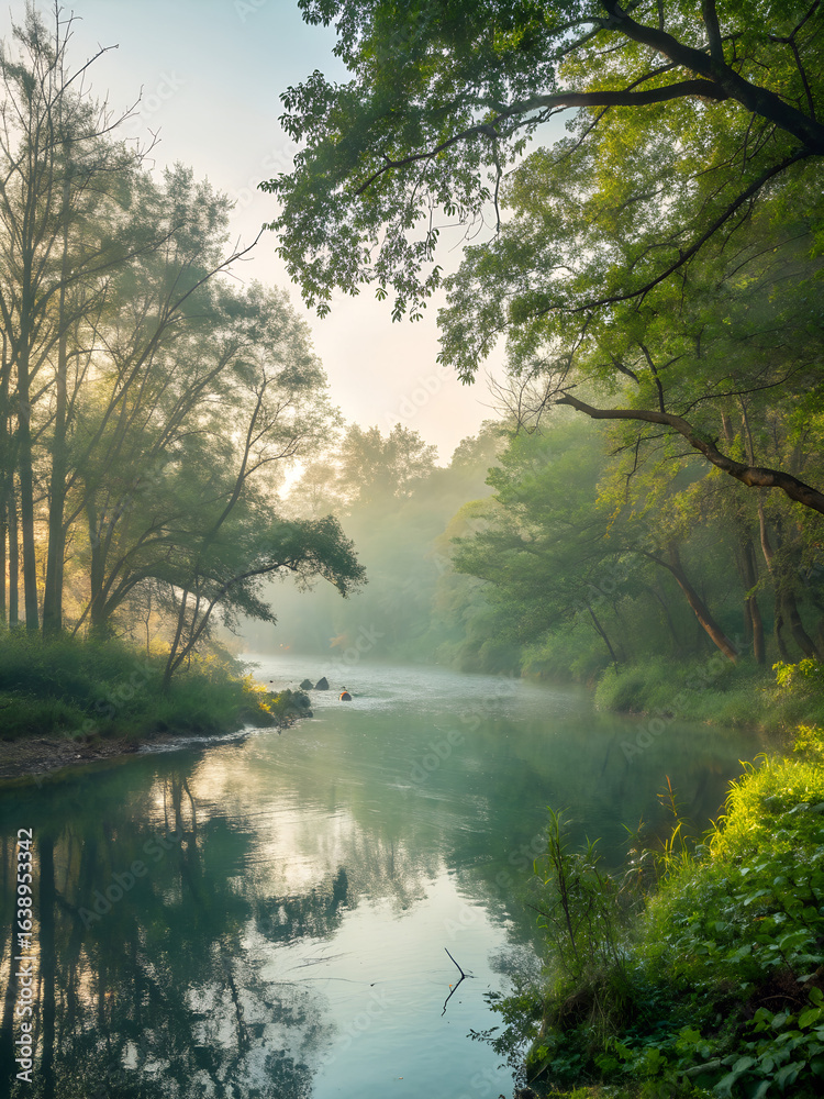 Serene Nature Landscape with a Calm River and Trees. Serene Nature Landscape with a Calm River and Trees.