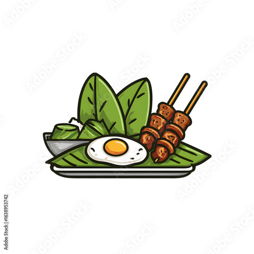 Delicious array of traditional food served on a table with rice, skewers, sauces, and side dishes from a festive gathering