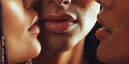 Two sexy lesbian girls kissing a man. Close-up of kissing lips. Threesome sex and orgy