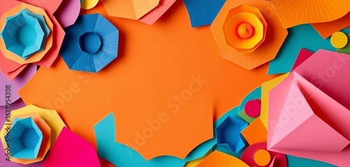 Vibrant layered paper cutouts, geometric shapes, colorful background, illustration, creative