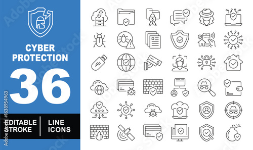 Cyber protection set of web icons in line style. Exclusive cyber protection linear icon collection. Containing cloud, folder, hacker, bug, USB, firewall, face ID, bomb and more. Editable stroke