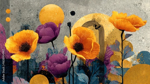 A captivating display of blooming vibrant flowers set against a textured abstract background evoking a sense of natural beauty and tranquility