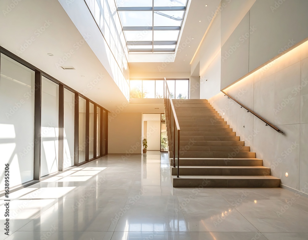 Fototapeta premium Sunlit modern interior with sleek staircase and glass walls