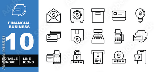 Financial business set of web icons in line style. Exclusive financial business linear icon collection. Containing email, deposit box, pos, bulb, box, card, cash register, and atm. Editable stroke