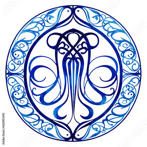 Abstract blue watercolor Art Nouveau medallion