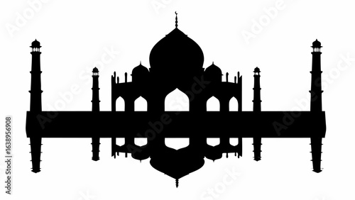 Silhouette of taj mahal with reflection showcasing domes minarets and architectural details in black and white