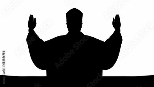 Silhouette of a person in robe with hands raised in prayer or worship against a white background design