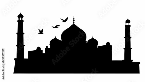 Silhouette of taj mahal with minarets and flying birds against a white background in a vector illustration