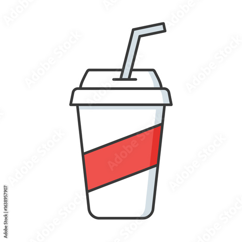 A white cup with a red stripe and a straw.