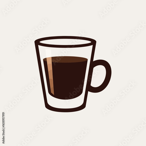 A glass mug filled with dark coffee on a light background.