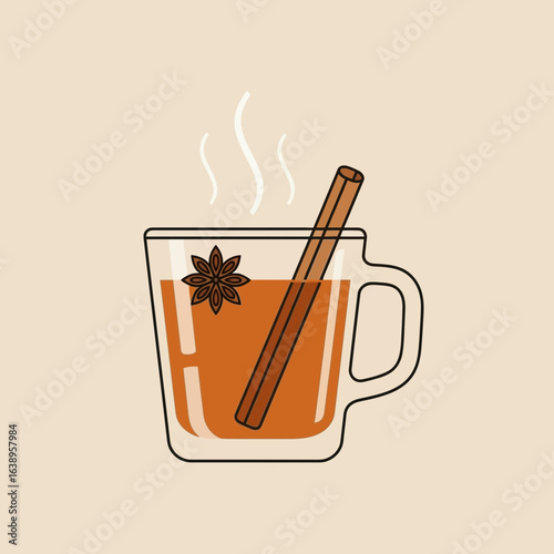 Hot beverage in a glass mug with cinnamon stick and star anise.