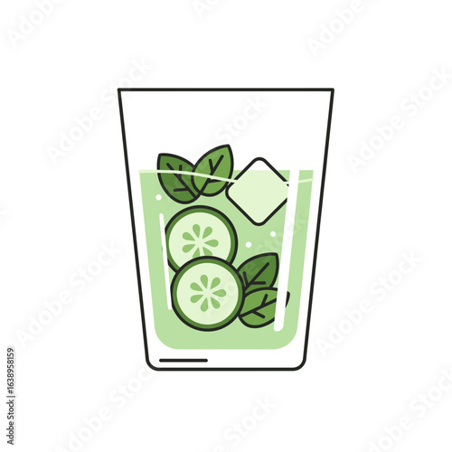 Glass of refreshing green drink with cucumber and mint.