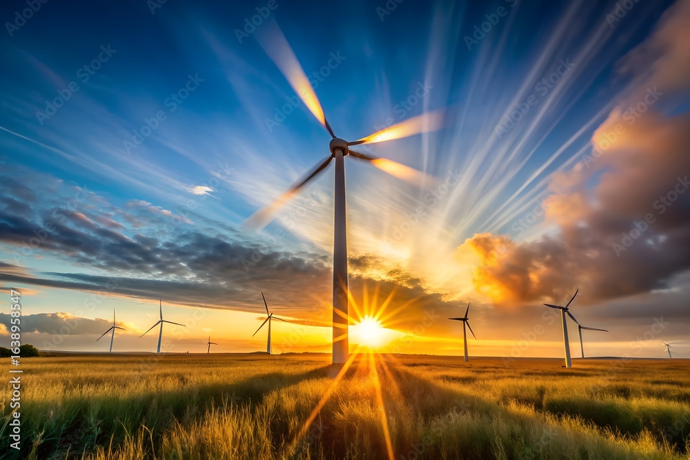 Obraz premium Scenic Sunset with Wind Turbines Producing Green Energy