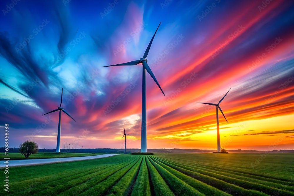 Fototapeta premium Wind turbines generating renewable energy at sunset in a vibrant rural landscape