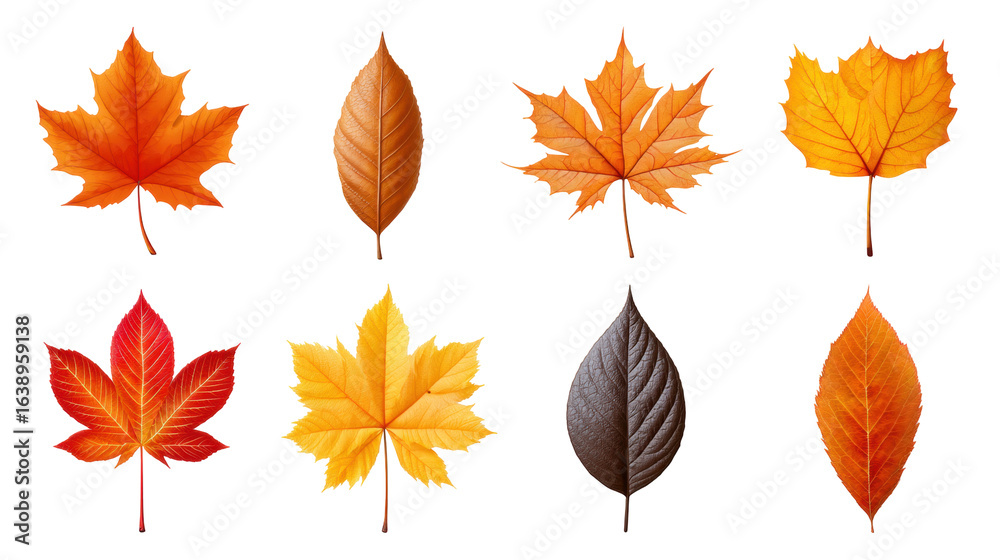 Obraz premium Autumn leaves isolated on transparent background with vibrant colors and detailed texture