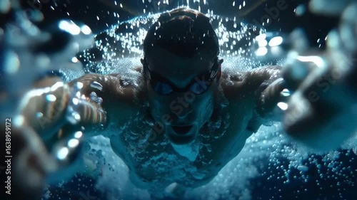 Underwater Swimmer in Action Captured with Bubbles and Light Effects