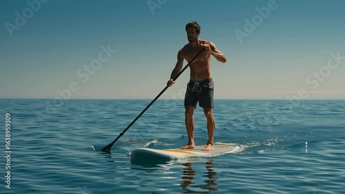 Man Paddleboarding on Clear Blue Water Under Bright Sunny Sky