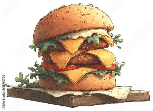 Delectable hamburger with fresh lettuce, tomato, and cheese captured in a lively watercolor style on a white background