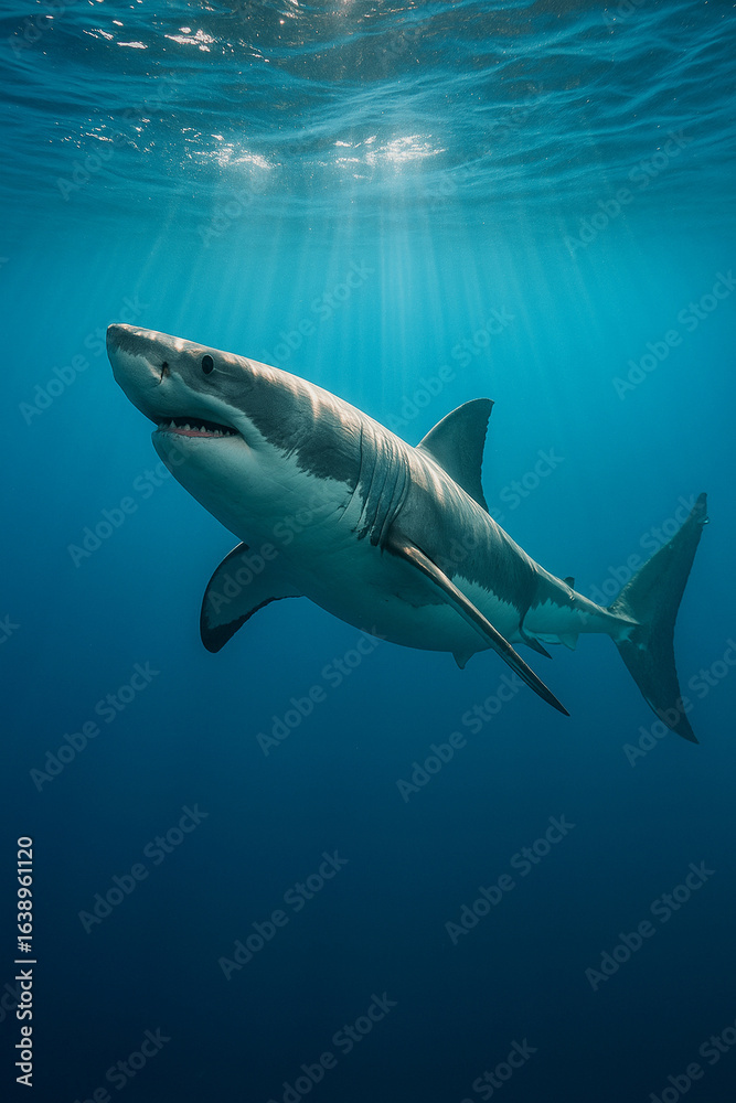 Fototapeta premium Great White Shark Swimming – Underwater Ocean Wildlife (AI Generated)