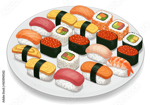Assorted Sushi Platter with Nigiri and Maki Rolls.