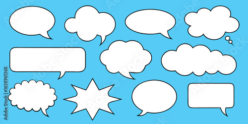 Collection of diverse white speech bubbles with black outlines on a blue background talk