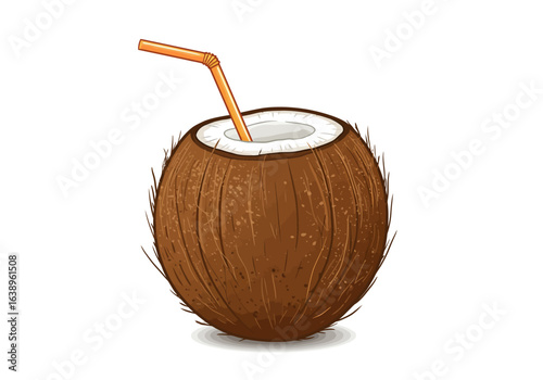Cartoon Coconut Drink with Orange Straw Illustration.