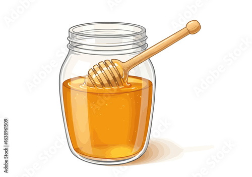 Jar of Honey with Wooden Dipper Illustration.