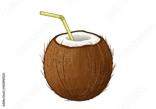 Fresh Coconut with Straw Illustration.