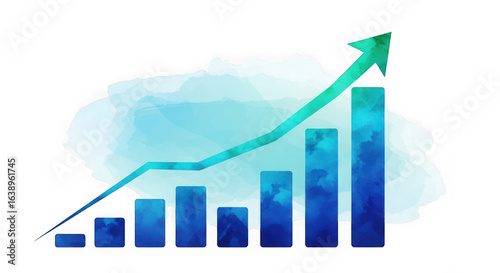 Ai generated image of blue watercolor bar graph with green arrow showing upward trend isolated on transparent background